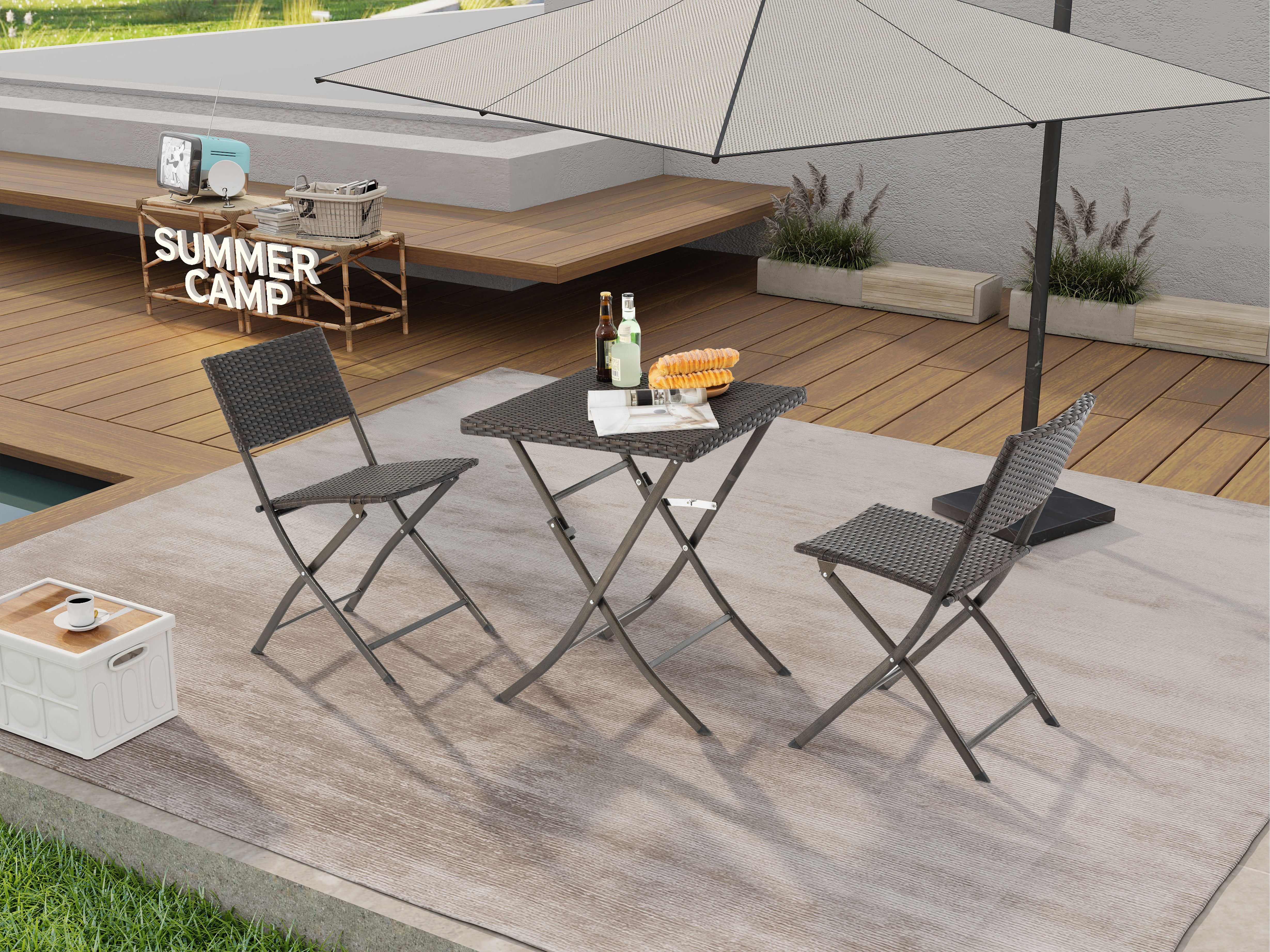 Rattan Patio Bistro Set, 3 Piece Foldable Outdoor Patio Furniture Sets, with Folding Table and Two Chairs, for Garden, Backyard, Pool, Lawn, Porch Rattan Patio Bistro Set, 3 Piece Foldable Outdoor Patio Furniture Sets, with Folding Table and Two Chairs, for Garden, Backyard, Pool, Lawn, Porch